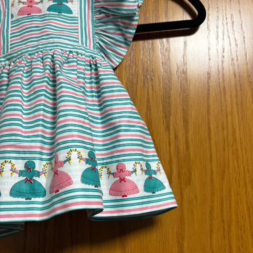 Vintage Baby toddler Floral Print Ruffle Sleeves Apron style strips Dutch ladied